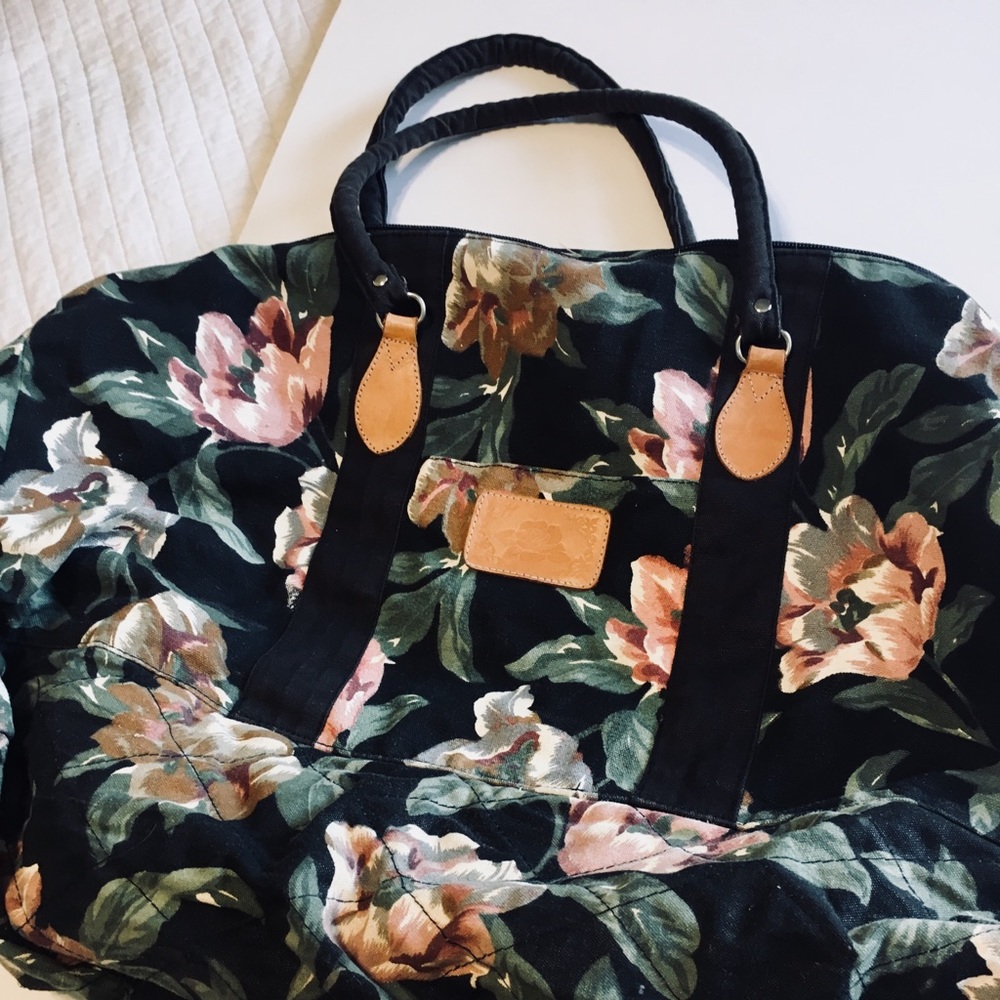 Floral and Leather Duffle Bag